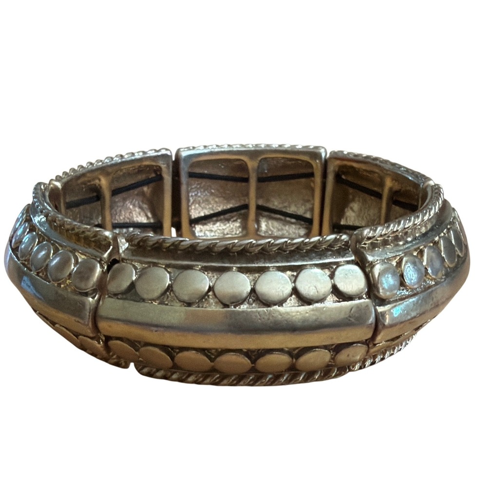 Gold Tone Textured Studded Rope Detail Stretch Cuff Statement Bracelet Chunky